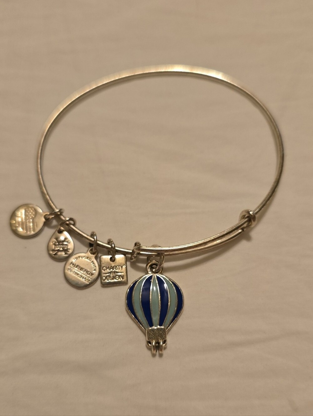 Alex and Ani Silver-Tone Bangle with Blue and Silver Hot Air Balloon Charm